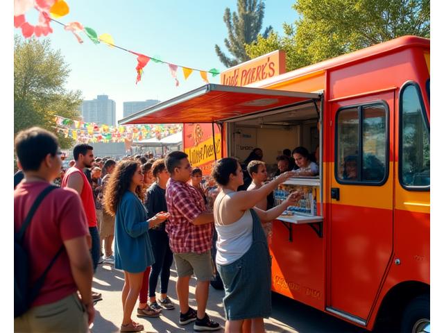 Little Pepe's taco truck serving a diverse, smiling crowd at a lively Los Angeles community festival