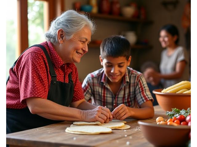 Generations of a Mexican family cooking together in a vibrant, traditional kitchen