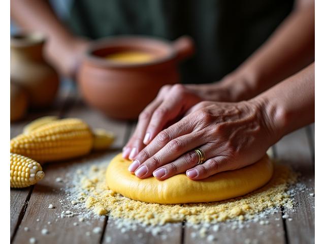 An elderly Mexican woman's hands masa mix corn flour for tortillas