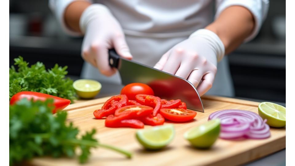 Close-up of fresh, vibrant vegetables being chopped on a wooden board in a professional kitchen