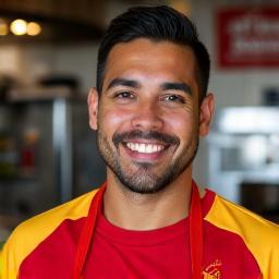 Portrait of Carlos Sanchez, Little Pepe's lead cook, focused and smiling