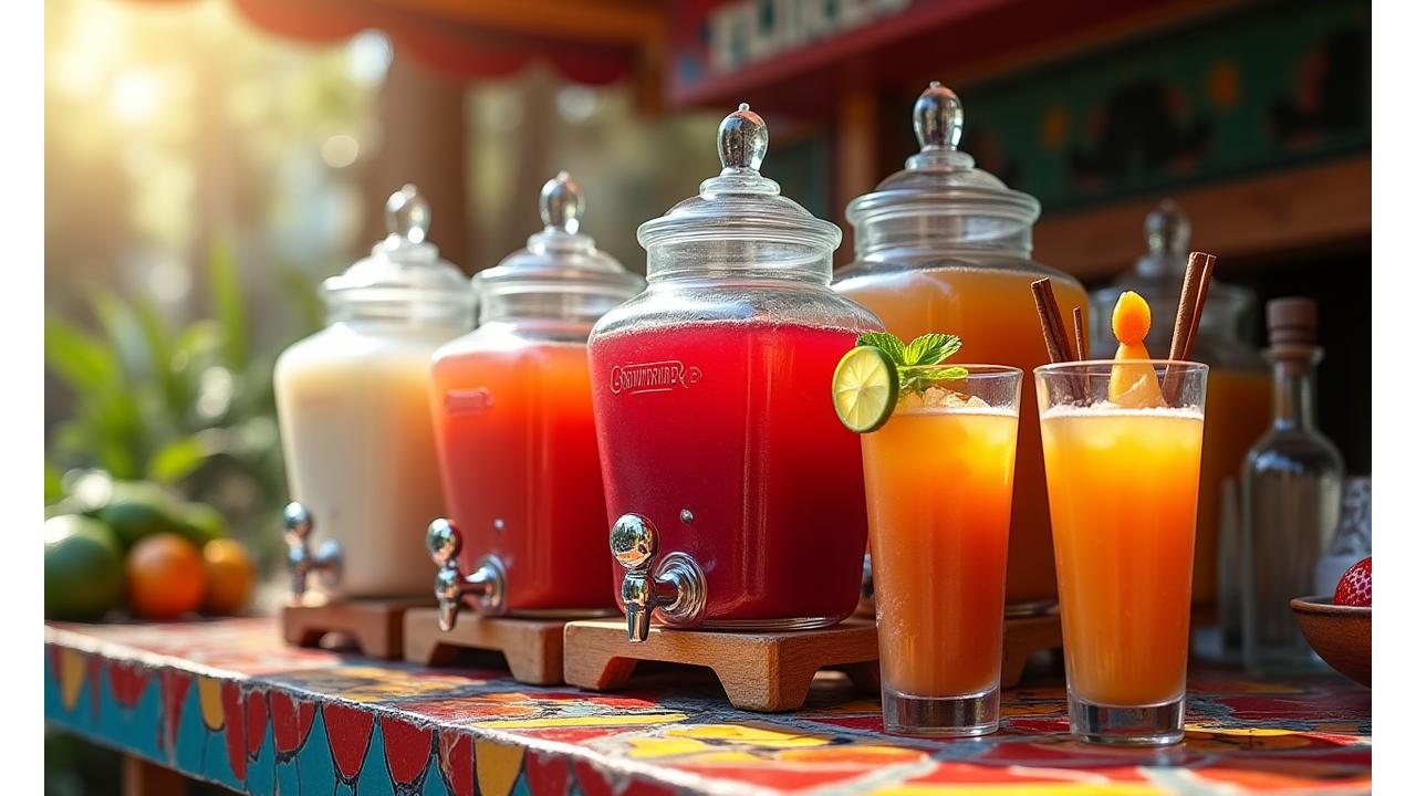 A vibrant array of traditional Mexican aguas frescas in elegant glass dispensers, featuring horchata, jamaica, and tamarindo against a rustic, food truck background. Sunlight catching the colorful drinks.