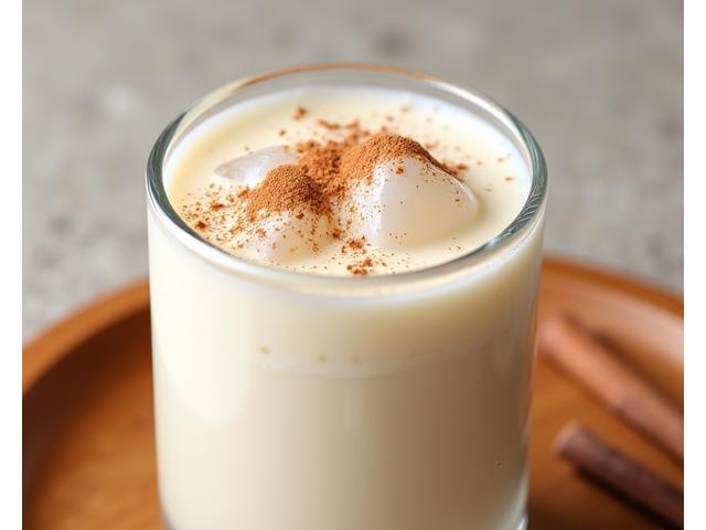 Creamy white horchata drink with cinnamon sprinkle in a clear glass