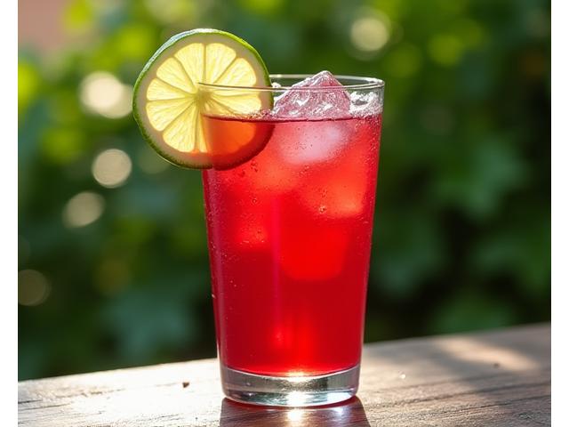 Deep red jamaica drink with ice and a lime slice in a clear glass