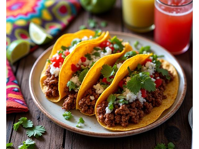 A Little Pepe's taco plate with a variety of colorful tacos next to a glass of refreshing horchata, on a vibrant Mexican-themed table.