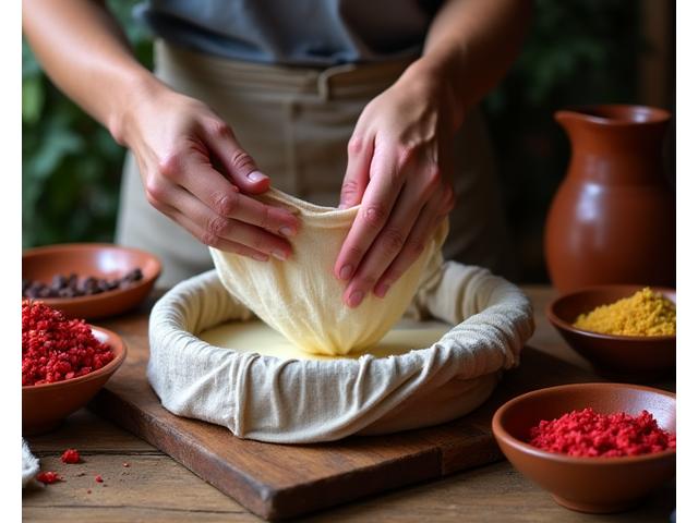 Hands preparing horchata, showing rice soaking and cinnamon sticks on a rustic wooden table in a traditional kitchen setting.
