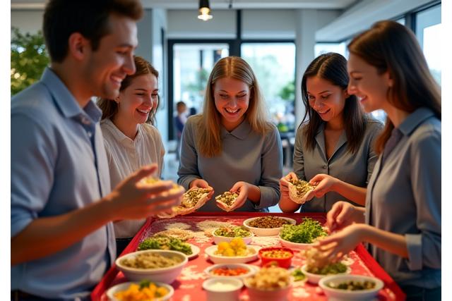 Office workers enjoying a Little Pepe's burrito catering spread.