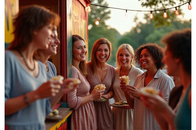 Friends at a vibrant outdoor party enjoying burritos from a food truck setup.