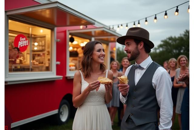 A happy couple enjoying burritos from a food truck at their unique wedding reception.