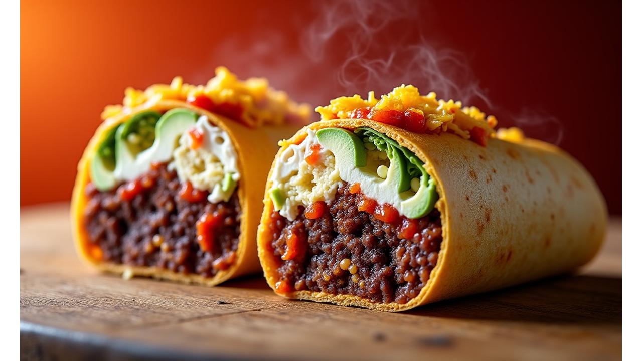 Cross-section of a generously stuffed Little Pepe's burrito, revealing succulent carnitas, vibrant salsa, creamy avocado, rice, and beans, bursting with flavor.