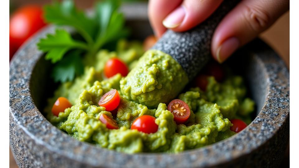 Close-up of fresh guacamole being prepared in a molcajete, vibrant green and chunky.