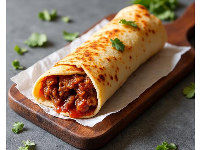 El Clásico burrito with tender carnitas, rice, and beans.