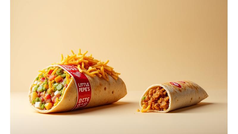 Visual comparison showing a large Little Pepe's burrito next to a typical fast food burrito, highlighting the significant size difference.
