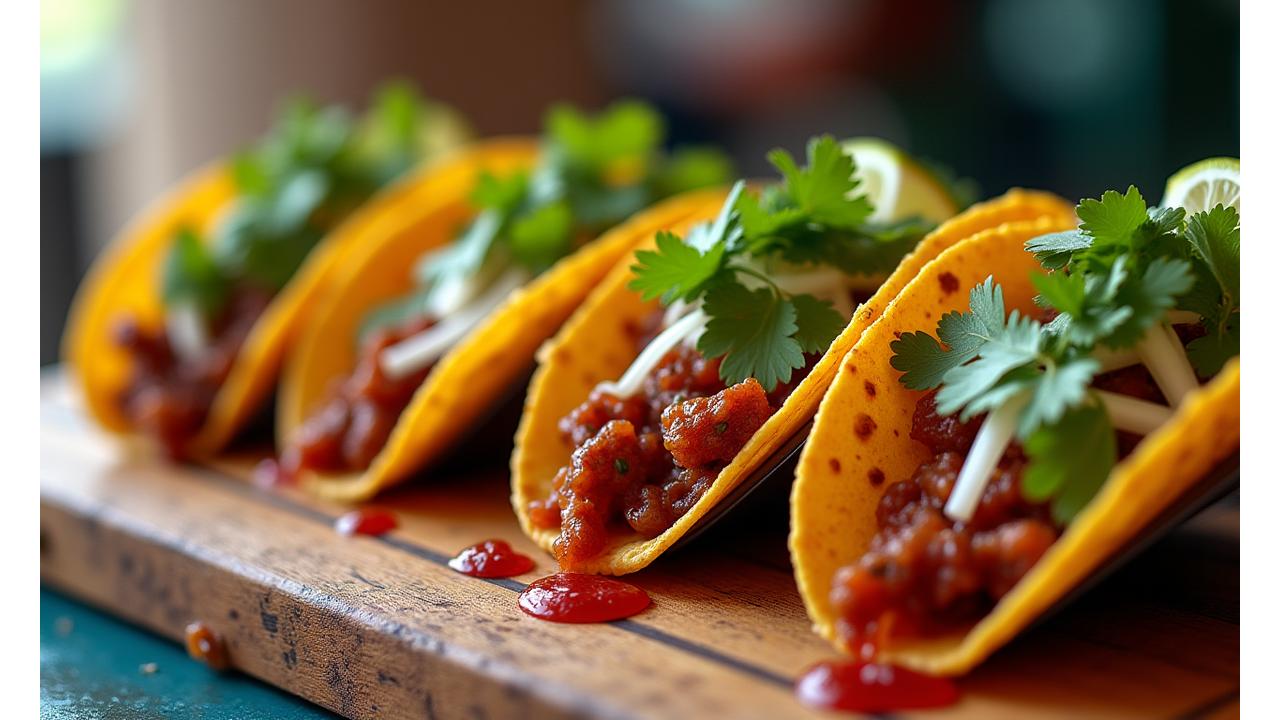 Authentic Mexican street food setup with vibrant colors, tacos and fresh ingredients