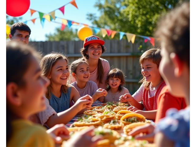 Kids and adults enjoying tacos from Little Pepe's truck at a lively birthday party
