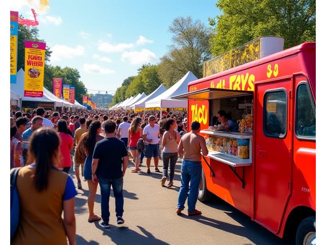Little Pepe's taco truck amidst a large crowd at a vibrant community festival