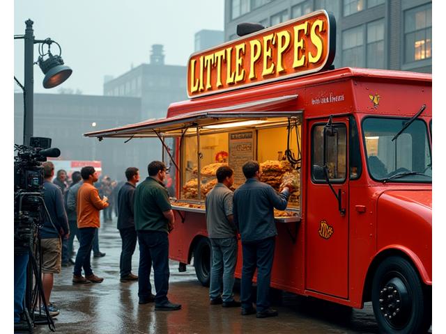 Little Pepe's taco truck on a bustling film set, serving crew members