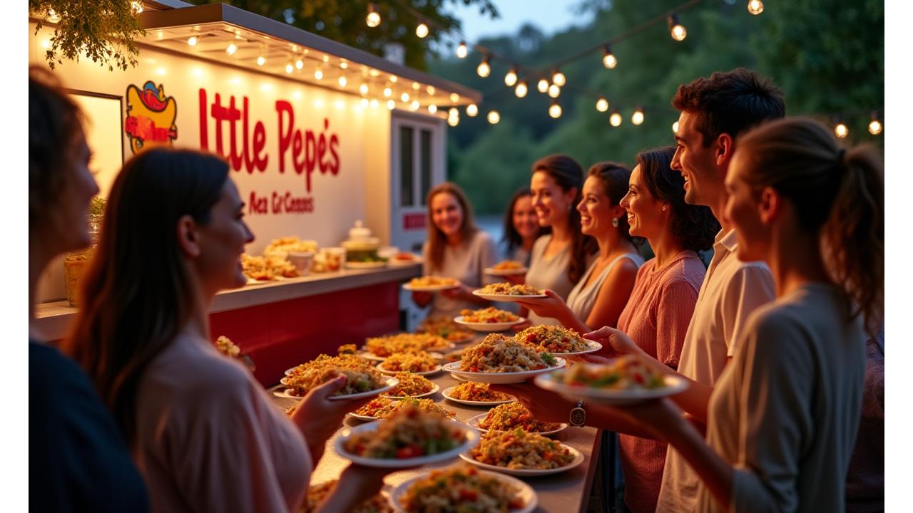 Little Pepe's taco truck serving happy guests at an lively outdoor event, with colorful decorations and people enjoying fresh tacos