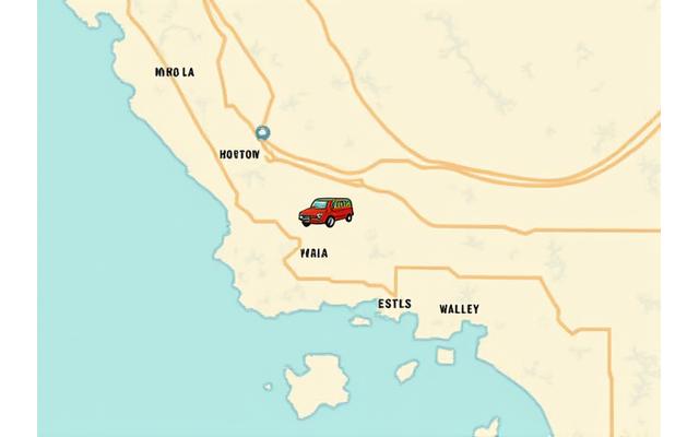 Stylized map of Los Angeles County highlighting major areas Little Pepe's taco truck serves, with a taco icon indicating mobile service