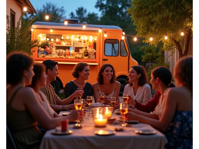 Friends enjoying a casual gathering in a backyard, with Little Pepe's taco truck in the background