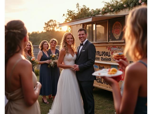 Bride and groom smiling with guests around Little Pepe's taco truck at a wedding reception