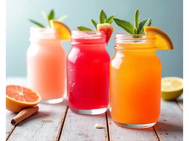 Refreshing aguas frescas in clear glasses, one pink horchata, one green agua de jamaica, garnished with fruit