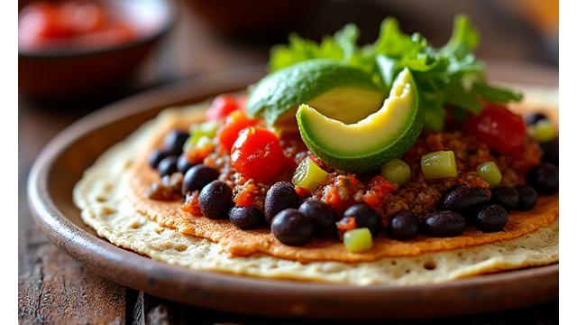 Oaxacan tlayuda with vibrant toppings and mole poblano