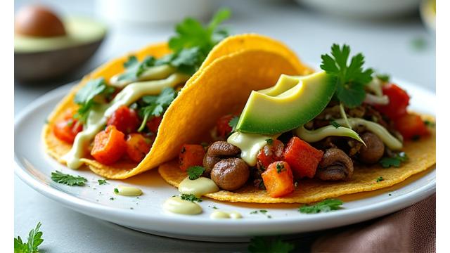 Vibrant, fresh plant-based taco with colorful vegetables and avocado