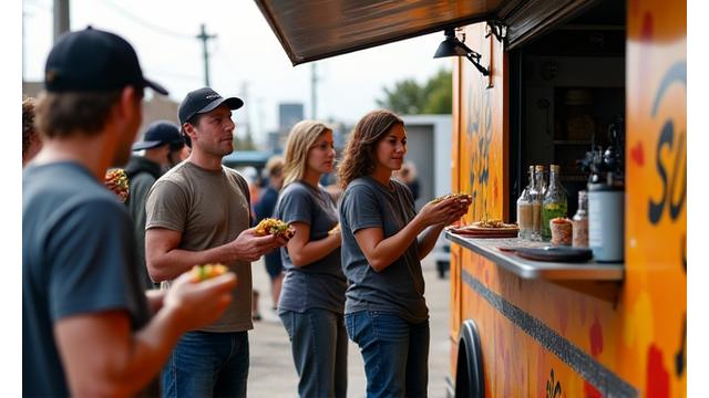 Film crew enjoying Mexican food from a Little Pepe's truck on a film set