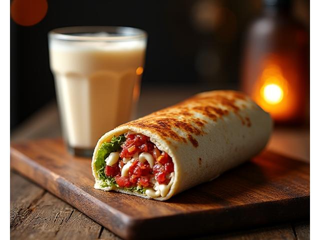A large, wrapped burrito next to a refreshing Horchata, ready for late-night enjoyment