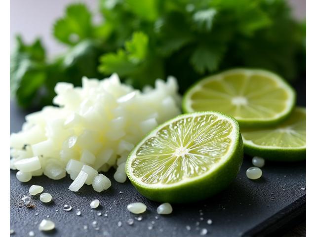 Close-up of fresh, vibrant cilantro, chopped onions, and limes on a cutting board, ready for taco toppings