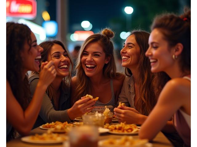 Group of laughing friends enjoying street tacos at night with city lights in the background