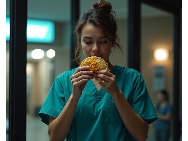 Healthcare worker in scrubs enjoying a Little Pepe's taco outside a hospital at night