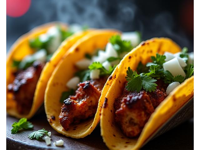 Close-up of perfectly grilled carnitas street tacos with cilantro and onion