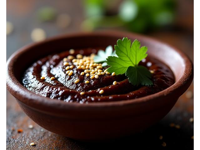 Rich, dark Mole Negro garnished with sesame seeds and a sprig of cilantro, served in a traditional clay bowl.