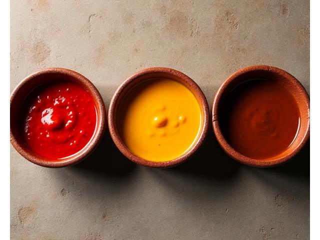 Three small bowls side-by-side showcasing different mole varieties: a vibrant red Mole Rojo, a bright yellow Mole Amarillo, and a deep reddish-brown Coloradito.