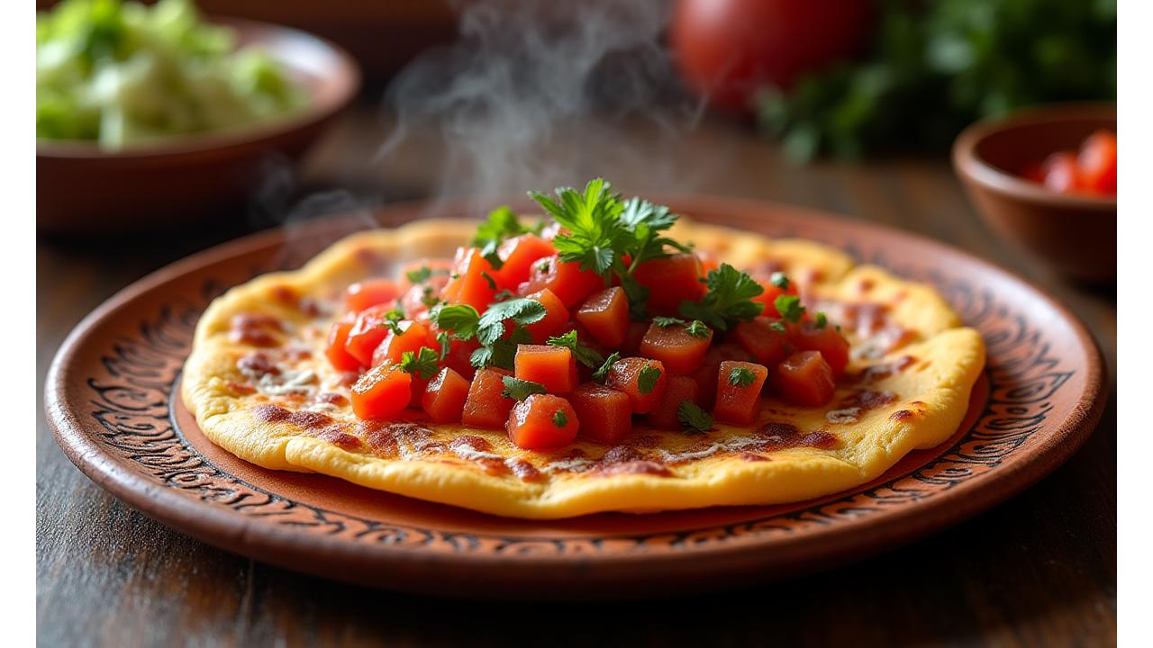 Vibrant, close-up photo of a meticulously prepared Oaxacan Tlayuda with fresh ingredients and a subtle traditional pattern in the background.