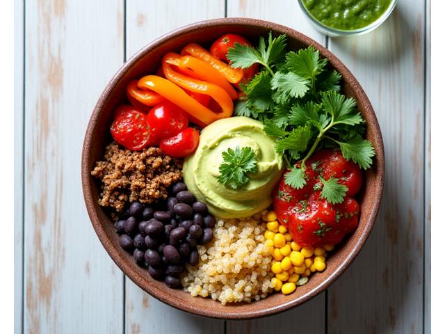 Colorful plant-based power bowl with quinoa, black beans, corn, and fresh salsa.