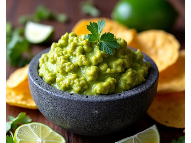 Bowl of fresh guacamole surrounded by tortilla chips and lime wedges.