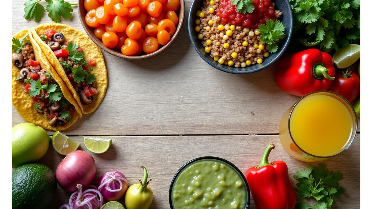 Vibrant, fresh plant-based Mexican dishes artfully arranged with colorful vegetables and herbs, showcasing the natural deliciousness of vegan and vegetarian options.