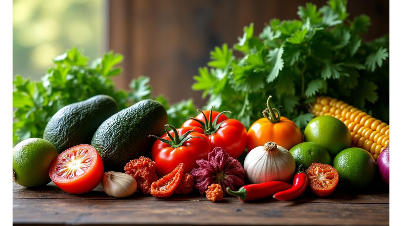 Fresh ingredients like avocado, lime, cilantro, and chilies on a rustic wooden table, representing wholesome Mexican cooking.