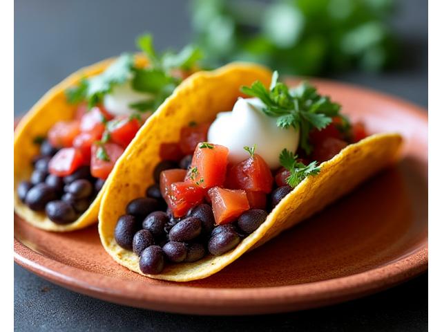 Frijoles Refritos tacos with refried black beans, fresh avocado, and cotija cheese substitute.