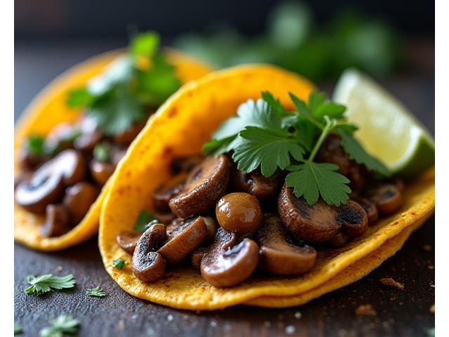 Hongos tacos with seasoned mushrooms and cilantro, served on warm corn tortillas.
