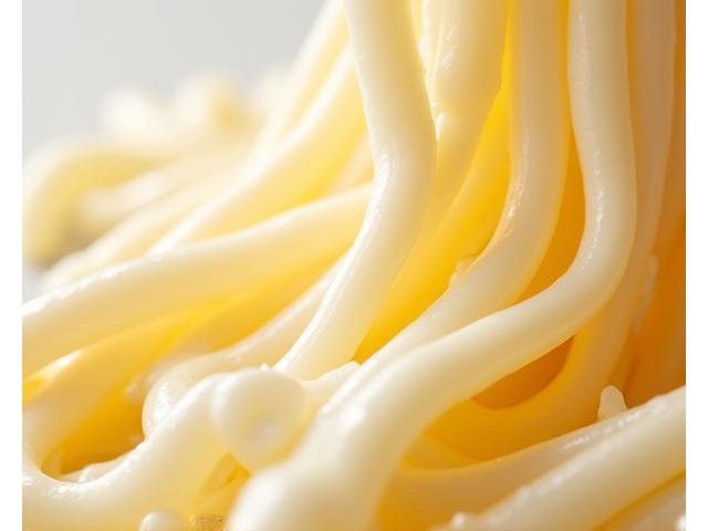 A close-up of Oaxaca cheese strands, perfectly melted and stretching.