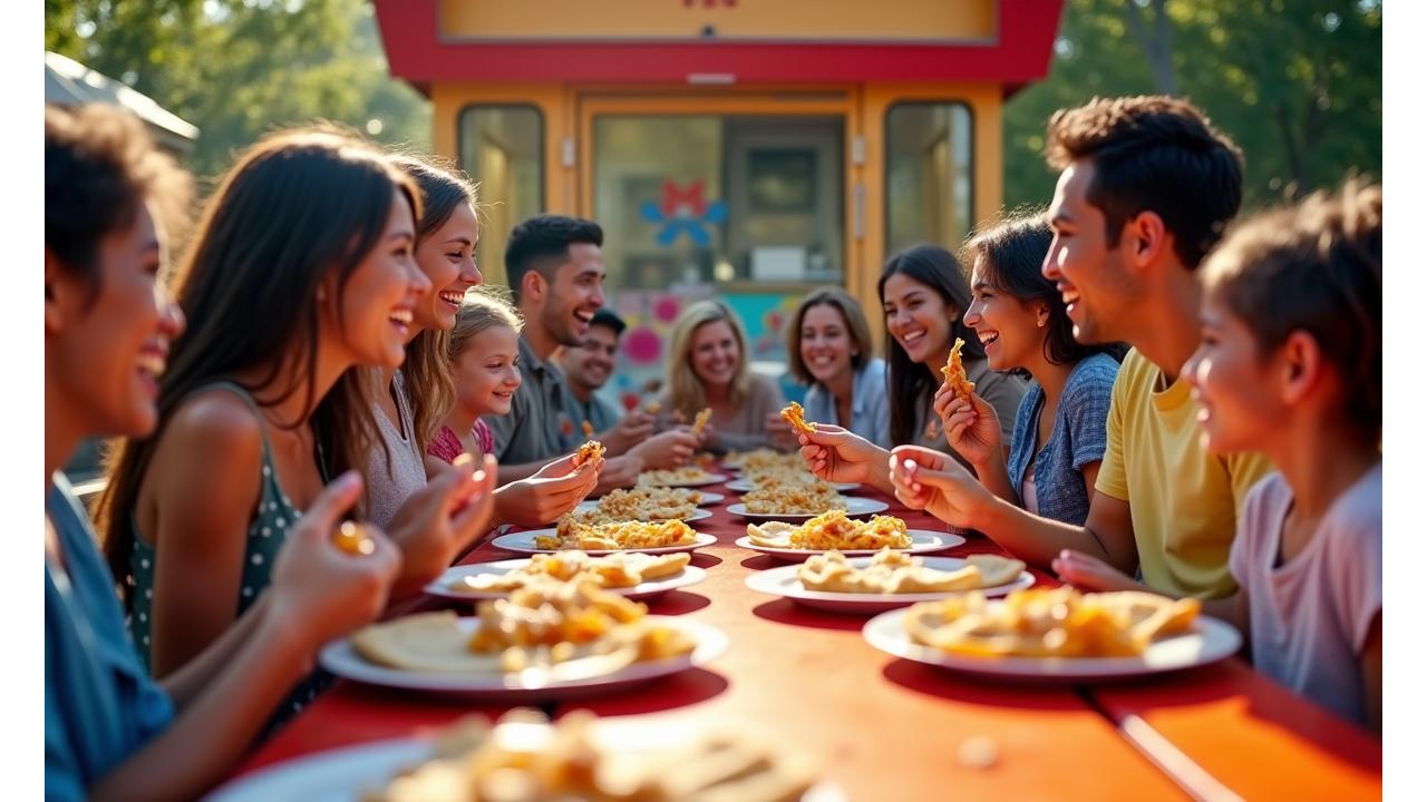 A happy family sharing quesadillas around a picnic table, with children enjoying their food.