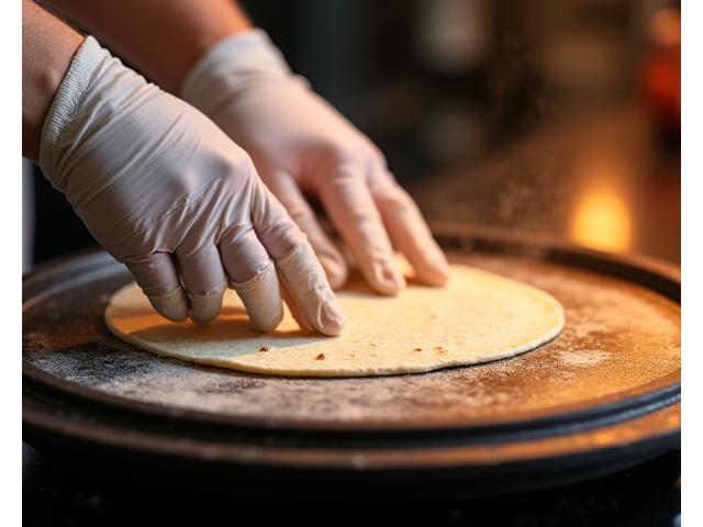 A chef's hands carefully placing a tortilla on a hot comal for grilling.