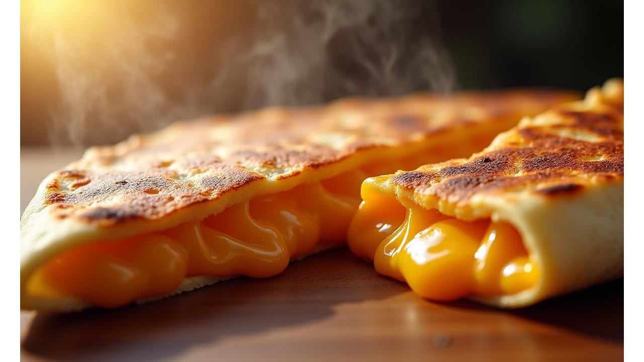 A perfectly grilled quesadilla cut in half, revealing abundant melted cheese stretching between the halves.
