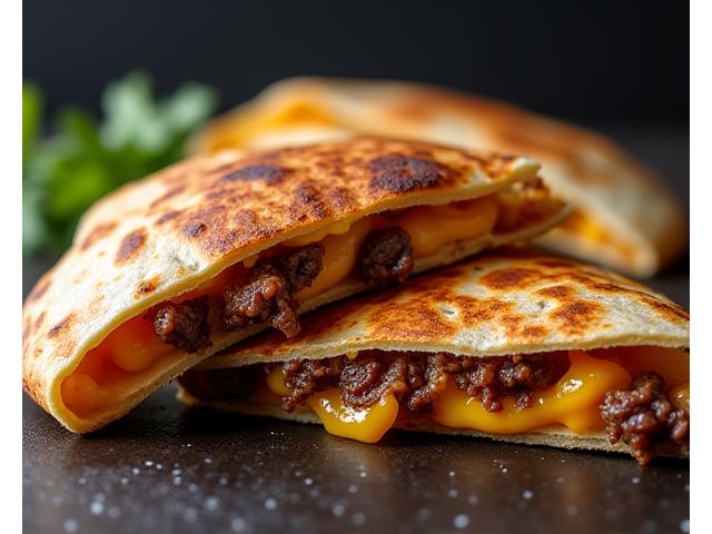 Carne Asada quesadilla showing tender beef and grilled onions with cheese.