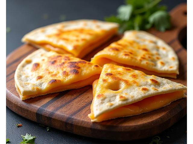 Close-up of a classic cheese quesadilla, golden brown and cut into triangles, with steam rising.