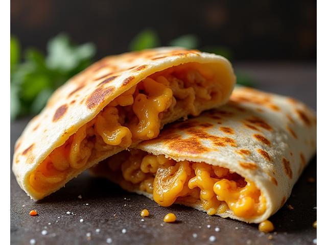 Seasoned grilled chicken quesadilla with visible chicken pieces and melted cheese.